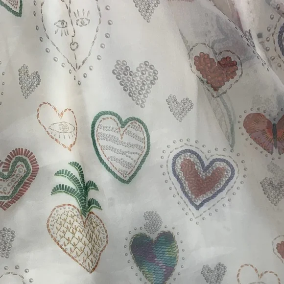 Farm Rio size medium dress semi sheer hearts puff sleeve pineapple mini party - Picture 5 of 12